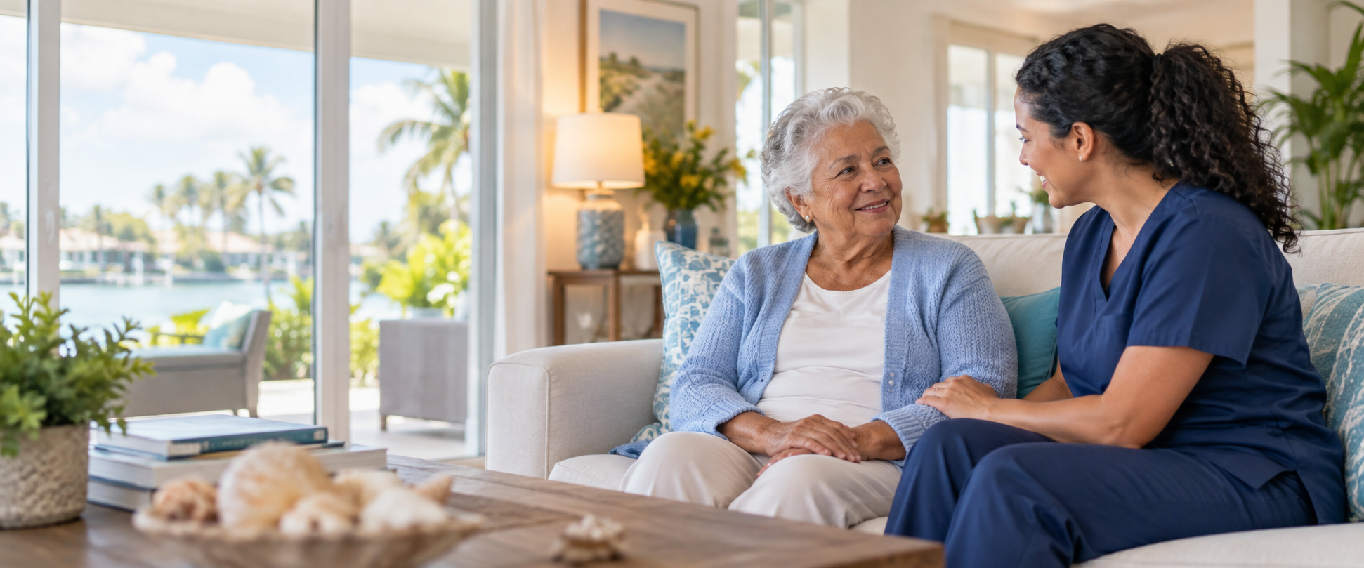 A home health nurse speaking with an older adult patient in her home